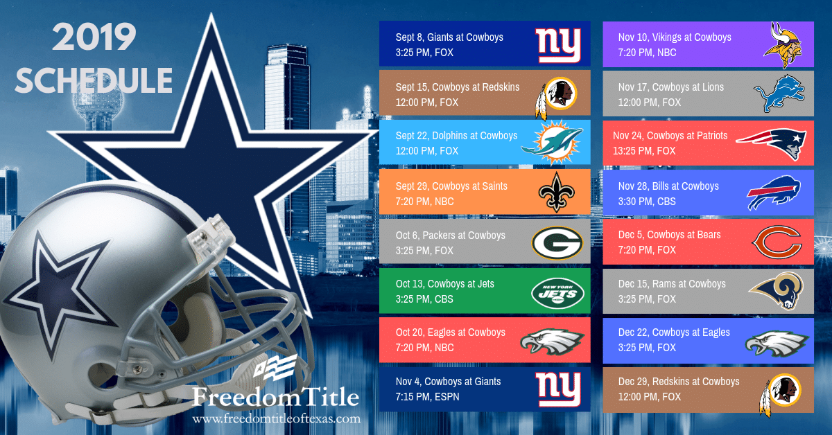 Dallas Cowboys schedule 2019  Dallas cowboys schedule, Cowboys schedule, Dallas  cowboys